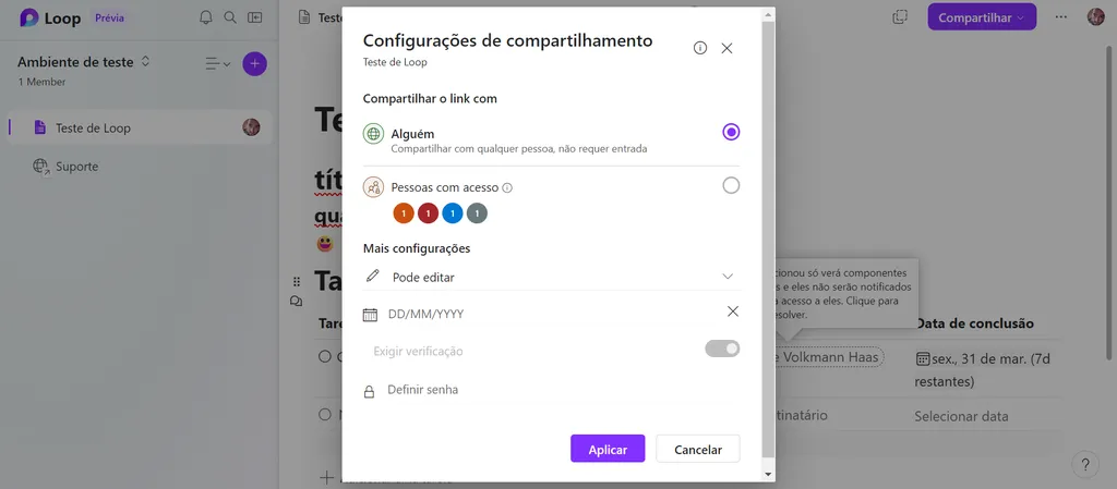 Configure o compartilhamento de páginas e componentes do Loop (Imagem: Captura de tela/Guilherme Haas/Canaltech)