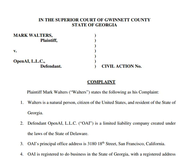O processo de Mark Walters quer responsabilizar a OpenAI por conteúdo falso gerado pelo ChatGPT (Imagem: Reprodução/Superior Court of Gwinnett County)