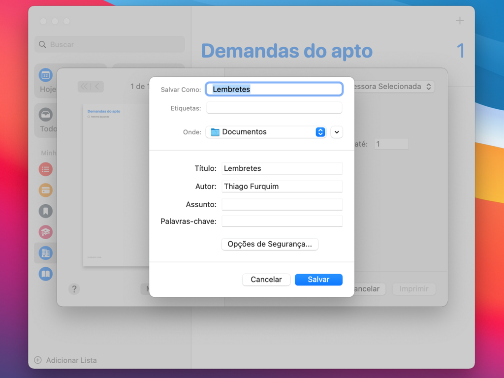 Preencha os dados e escolha o local para salvar o PDF da lista do app - Captura de tela: Thiago Furquim (Canaltech)