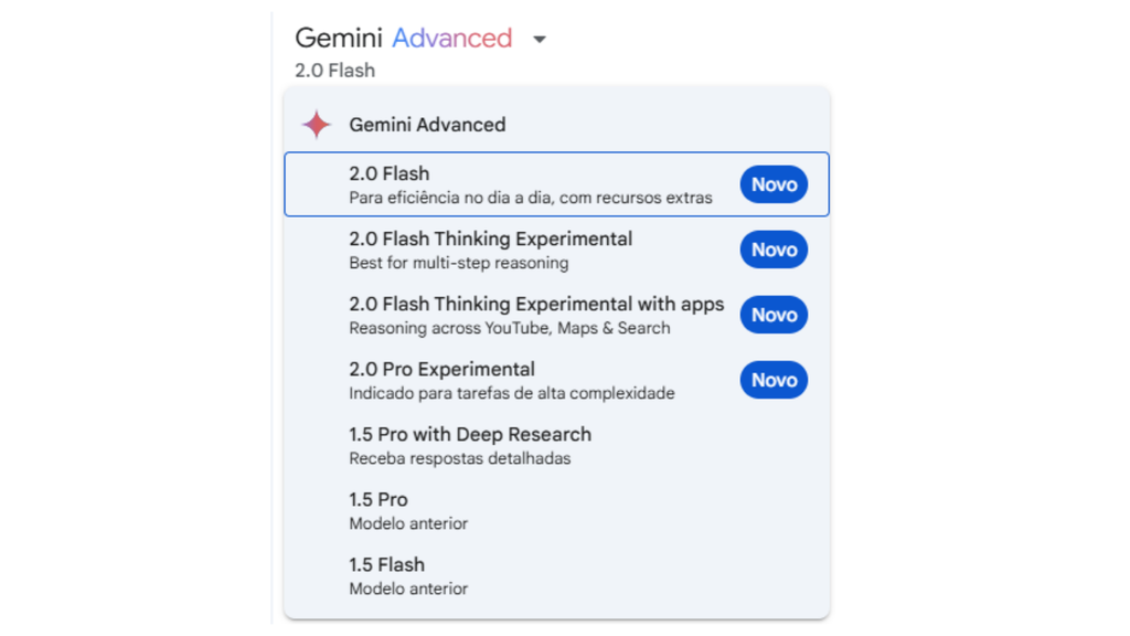 Lista com todos os modelos de inteligência artificial disponíveis na plataforma Gemini para assinantes do Gemini Advanced