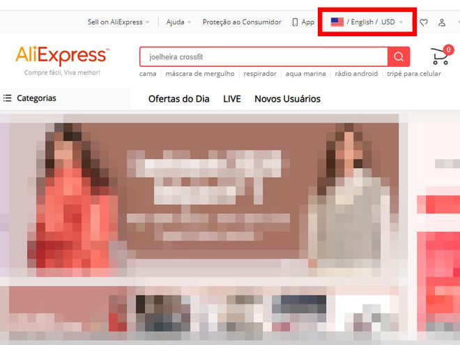 Abra o site do AliExpress no navegador e clique sobre o idioma e a moeda no canto superior direito (Captura de tela: Matheus Bigogno)