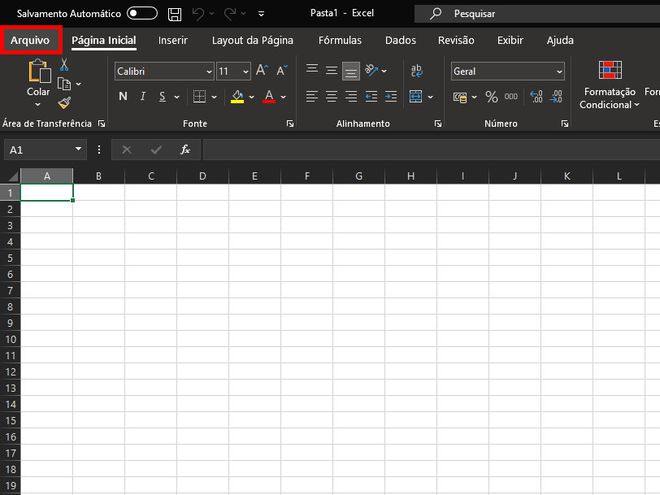Abra o Excel e clique em "Arquivo" no canto superior esquerdo (Captura de tela: Matheus Bigogno)