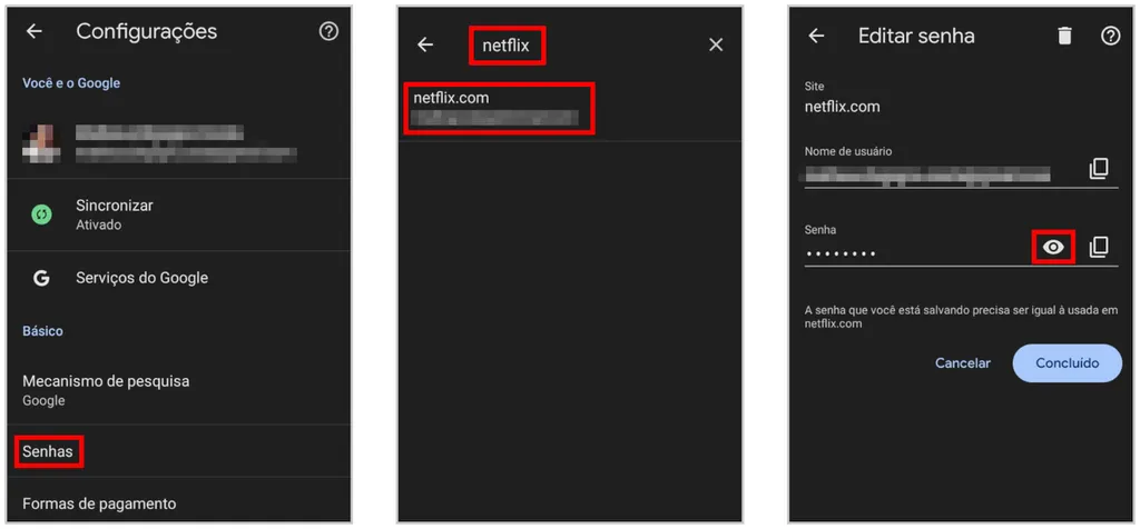 Veja como ver a senha da Netflix salva no Google Chrome no celular (Captura de tela: Matheus Bigogno)