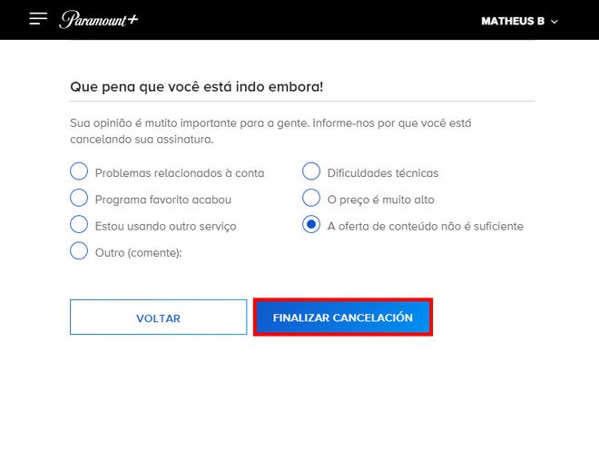 Você pode cancelar sua assinatura Paramount+ usando um computador para isso (Imagem: Captura de tela/Matheus Bigogno Costa/Canaltech)