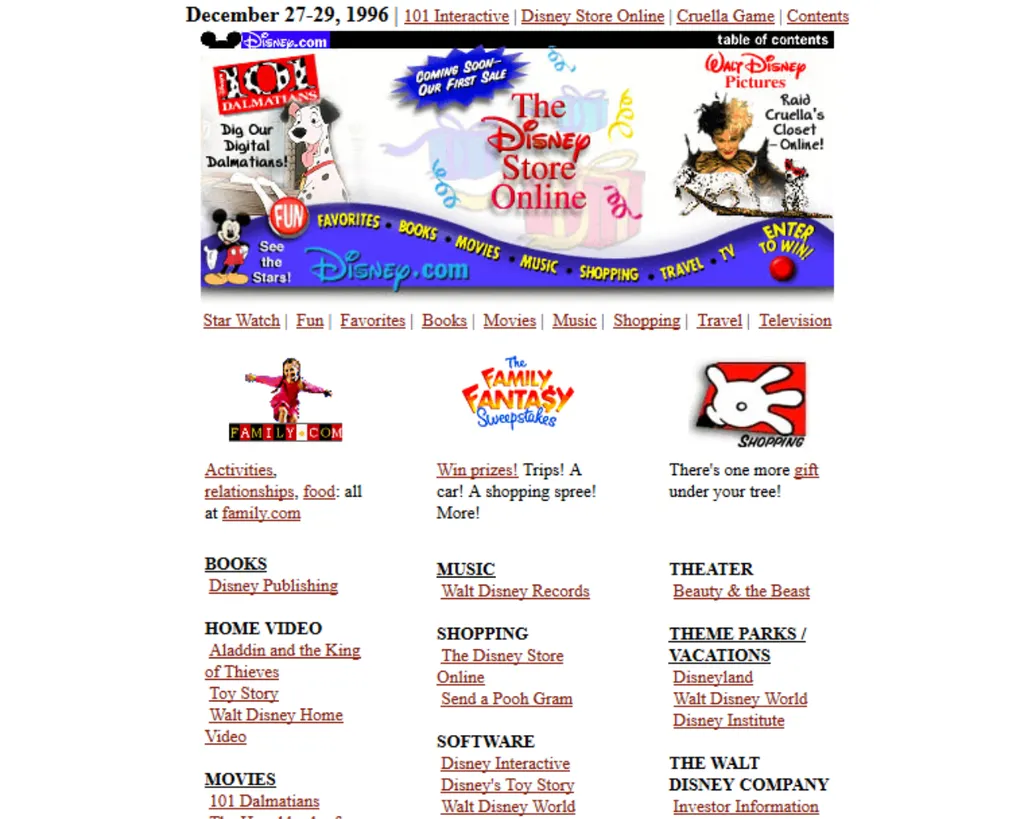 O site original da Disney não tinha quase nada de mágico (Imagem: Reprodução/Web Design Museum)