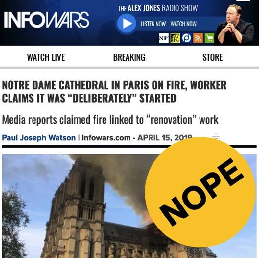 Exemplo de fake news compartilhada nas redes sociais: não há indícios de que o incêndio tenha sido causado por ataque terrorista ou mesmo tenha motivação criminal (Imagem: Reprodução/Buzzfeed)