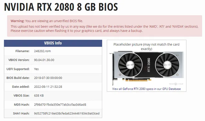O banco de dados do TechPowerUp identifica a BIOS da "GTX 2080" como pertencente a uma RTX 2080 (Imagem: Reprodução/TechPowerUp)