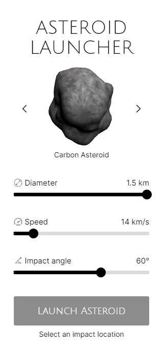 Janela de parâmetros do simulador (Imagem: Reprodução/Asteroid Launcher/Neal Agarwal)