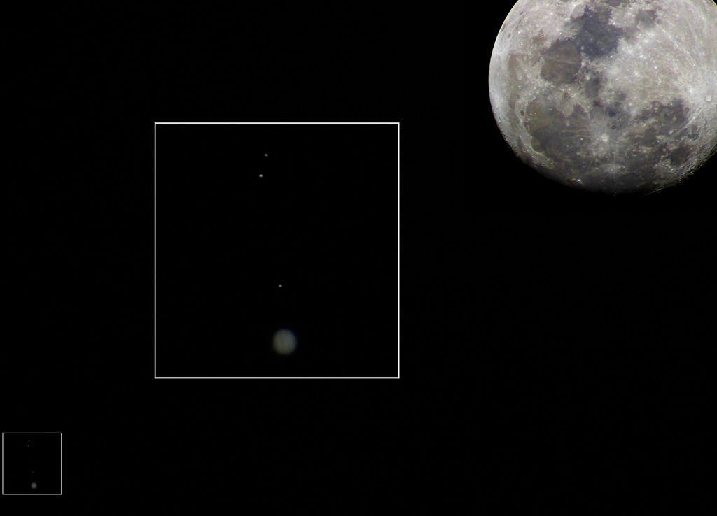 O autor da foto ampliou a aparição de Júpiter e suas luas, destacando o quadro no centro da imagem (Foto: Reprodução/Antônio Eriveudo)