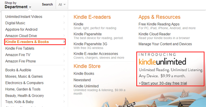Acesse a página do Kindle Unlimited no menu principal para ter acesso à oferta de 30 dias gratuitos do serviço