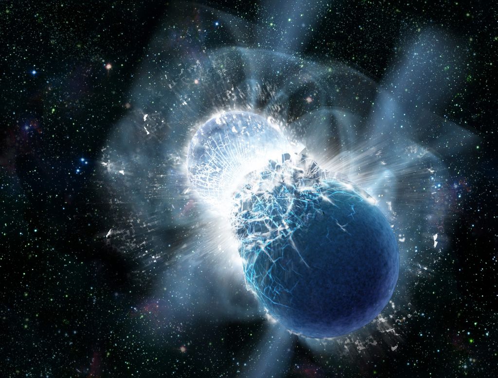 Ilustração de uma colisão entre duas estrelas de nêutrons (Imagem: Reprodução/NASA/Swift/Dana Berry)