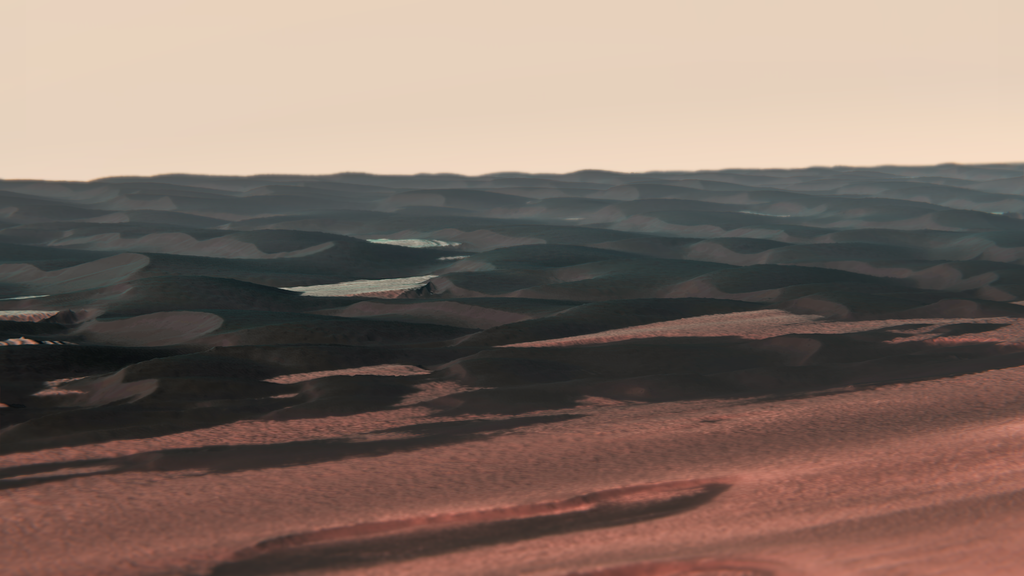 Representação de como seria ver as megadunas de Chasma Boreale na superfície de Marte (Imagem: Reprodução/Kevin M. Gill/NASA/JPL/University of Arizona/USGSE)