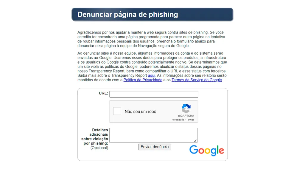 Plataforma do Google pode ser utilizada para denunciar tentativas de phishing (Captura de tela: André Magalhães)