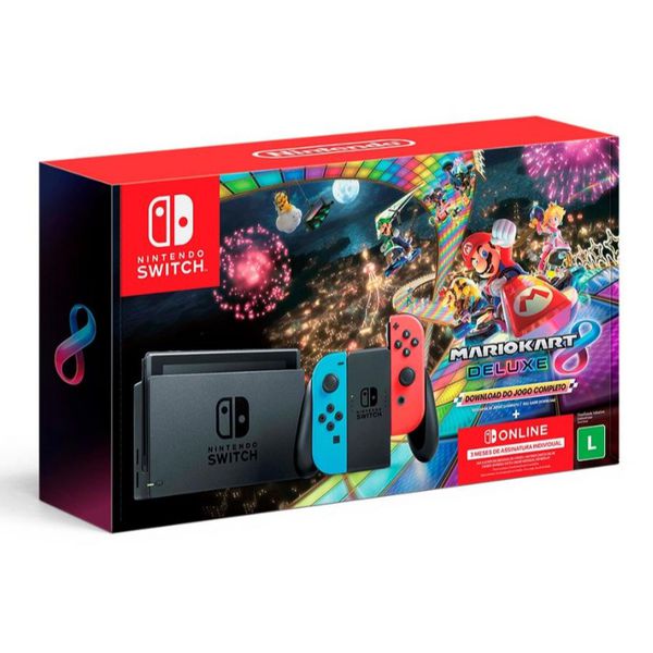Console Nintendo Switch + Joy-Con Neon + Mario Kart 8 Deluxe + 3 Meses de Assinatura Nintendo Switch Online, Azul e Vermelho - HBDSKABL2 [CUPOM]