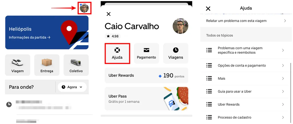 App tem opção de ajuda para entrar em contato com a Uber (Captura de tela: Caio Carvalho)