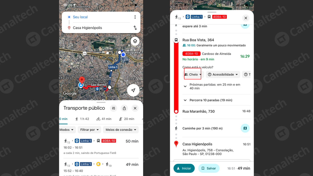 É possível verificar se o transporte público está com grande volume de pessoas (Imagem: Captura de tela/Emanuele Almeida/Canaltech)