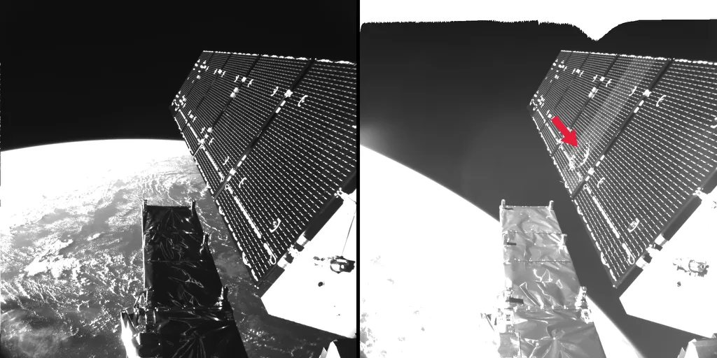 Esta imagem mostra o estrago realizado pelo impacto de uma partícula com menos de 5 mm de diâmetro no painel solar do satélite Sentinel-1A. (Imagem: ESA)