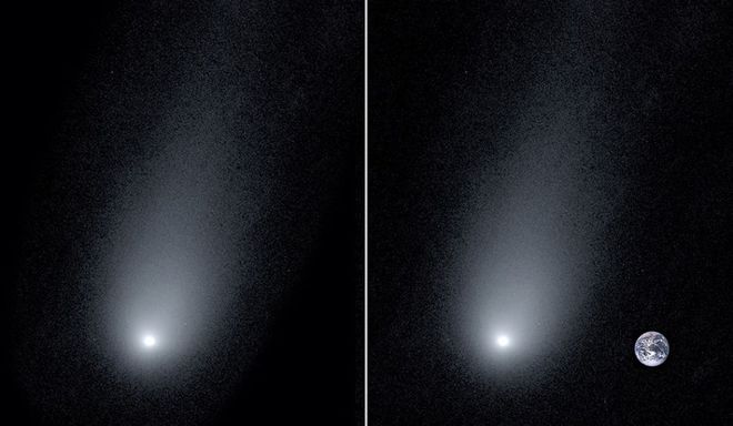 A nova imagem do cometa interestelar 2l/Borisov. À direita, um comparativo com uma foto da Terra para destacar a dimensão da cauda do cometa (Imagem: Pieter van Dokkum, Cheng-Han Hsieh, Shany Danieli and Gregory Laughlin)