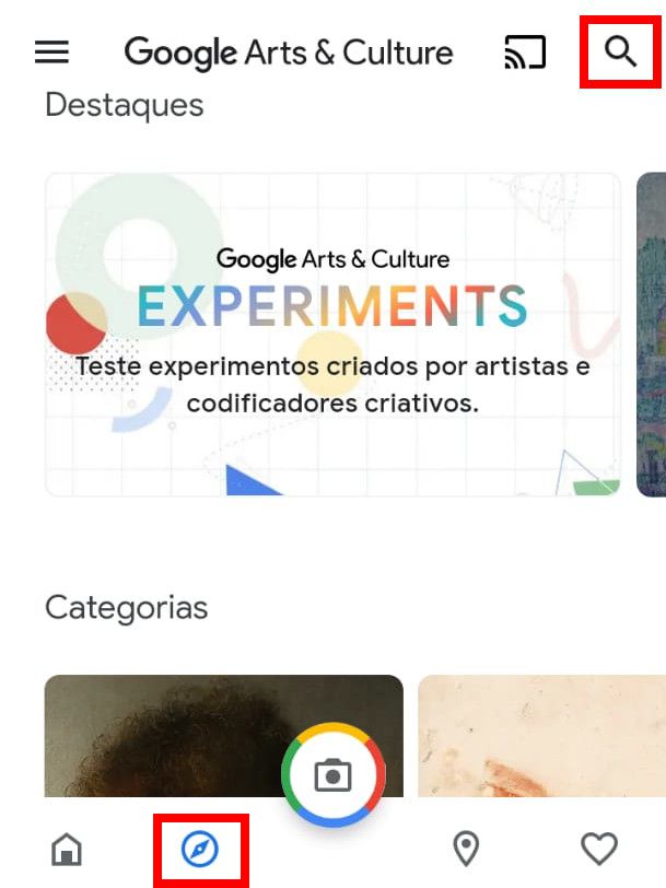 Abra o app do Google Arts and Culture e clique na aba "Explorar" no menu inferior (Captura de tela: Matheus Bigogno)