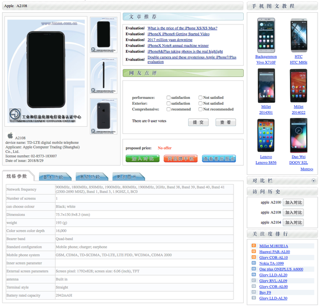 Especificações do iPhone XR em certificação no órgão regulador chinês (Imagem: TEENA)