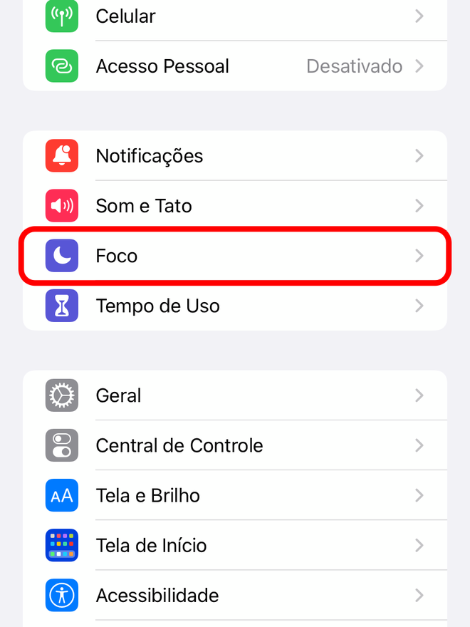Abra os ajustes do modo Foco no iPhone - Captura de tela: Thiago Furquim (Canaltech)