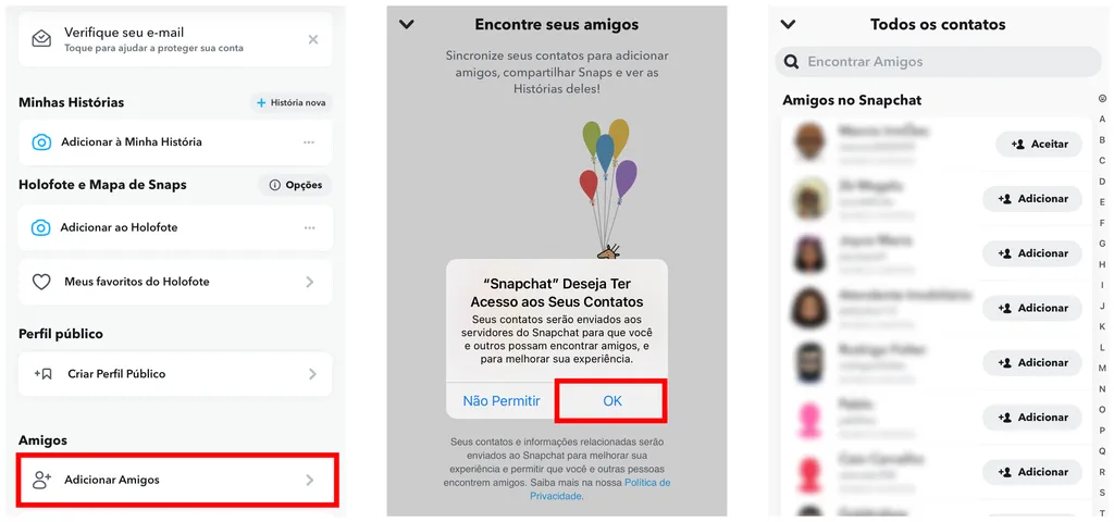 Toque em "Adicionar Amigos" para encontrar contatos que usam o Snapchat (Captura de tela: Canaltech/Felipe Freitas)