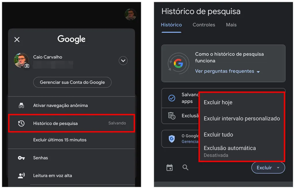 Como apagar o histórico do Google no Android ou iPhone (Captura de tela: Caio Carvalho)