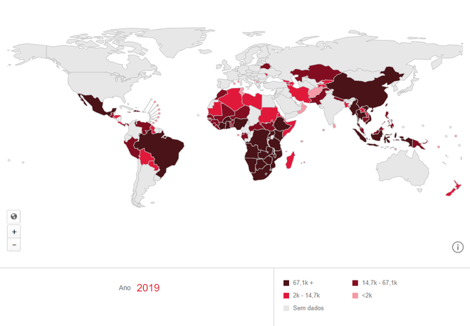 Mapa da distribuição do vírus do Hiv no mundo (Fonte: UNAIDS)