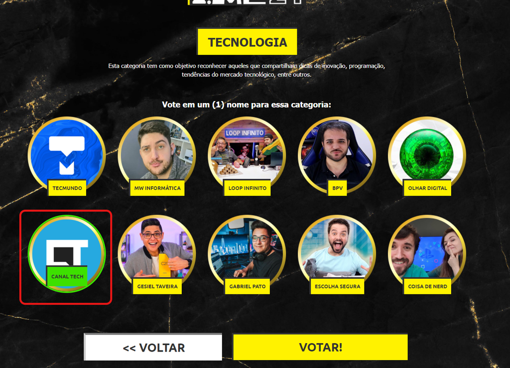 Escolha o nome a logo do Canaltech (destacada em vermelho) e aperte o botão amarelo para votar (Imagem: Captura de tela/Canaltech)