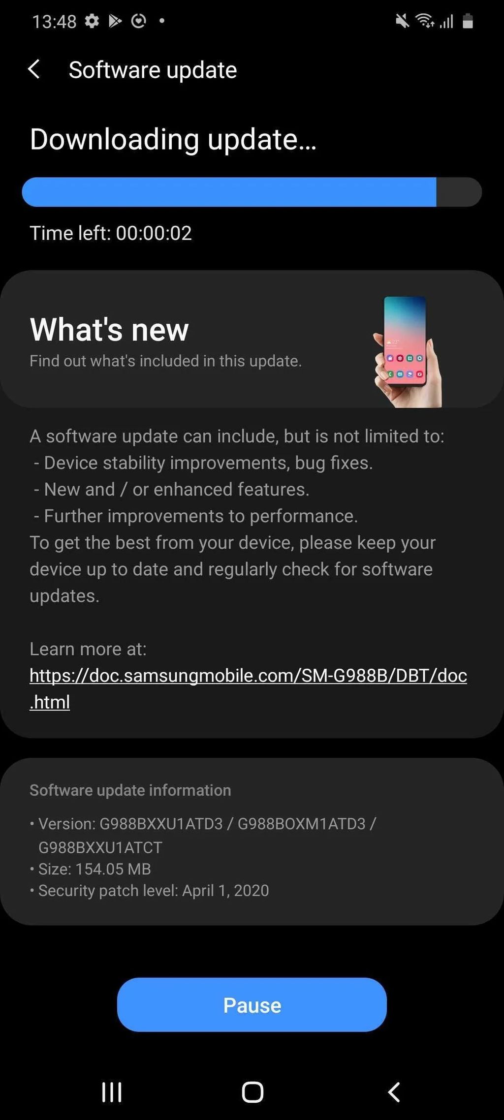 Update do Galaxy S20 Ultra que corrige tela verde (Imagem: Reprodução/SamMobile)