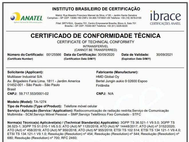 Certificado do Nokia 2.4 na Anatel, pedido pela Multilaser (Imagem: Reprodução/Captura de tela/Anatel)