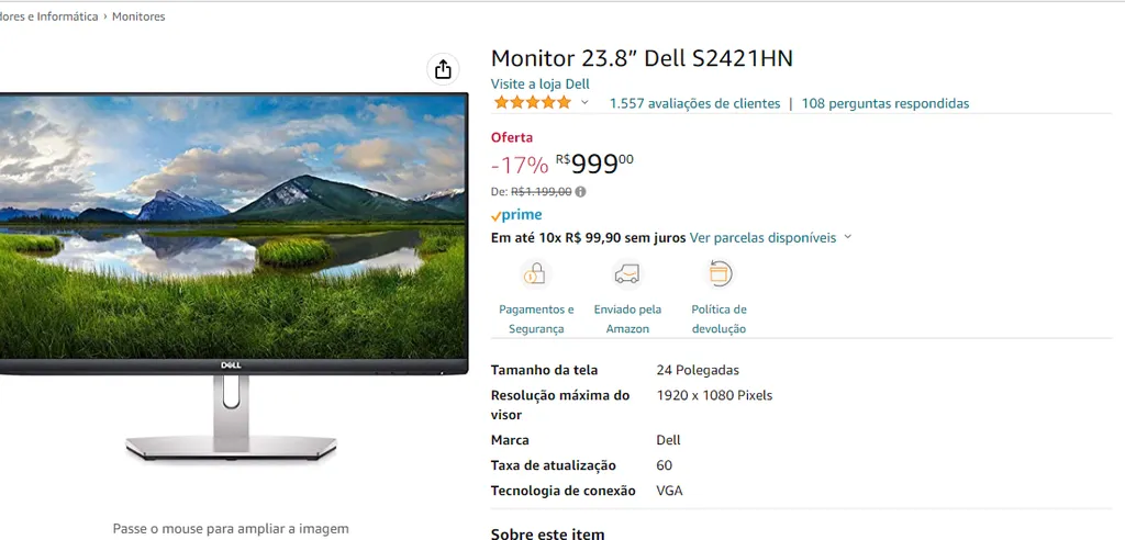 Monitor 23.8” Dell S2421HN - Canaltech Ofertas