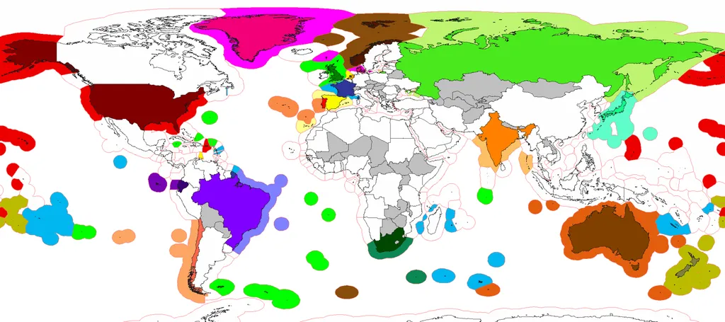 Zonas econômicas exclusivas — áreas do oceano que países costeiros possuem exclusividade para explorar economicamente — ao redor do mundo (Imagem: Keltorrics/Wikimedia Commons)