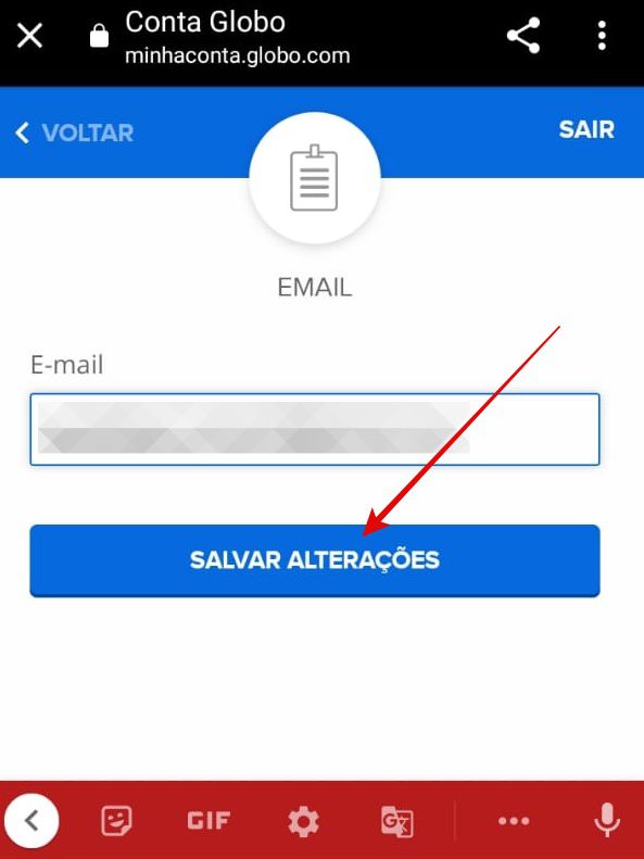 Insira o novo e-mail, somente após alterá-lo o botão para salvar estará disponível (Imagem: Guadalupe Carniel/Captura de tela)