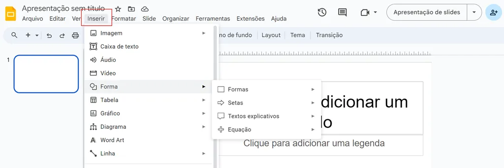 Opções de elementos para inserir pelo Apresentações Google no computador (Imagem: Captura de tela/Guilherme Haas/Canaltech)