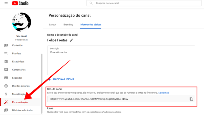 Crie uma URL personalizada para seu canal (Captura de tela: Canaltech/Felipe Freitas)