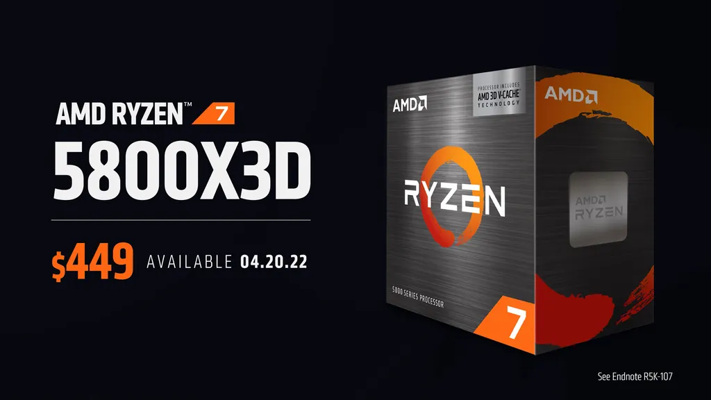 Mesmo com o cache empilhado, o Ryzen 7 5800X3D traz o mesmo preço de lançamento da versão tradicional do 5800X (Imagem: AMD)