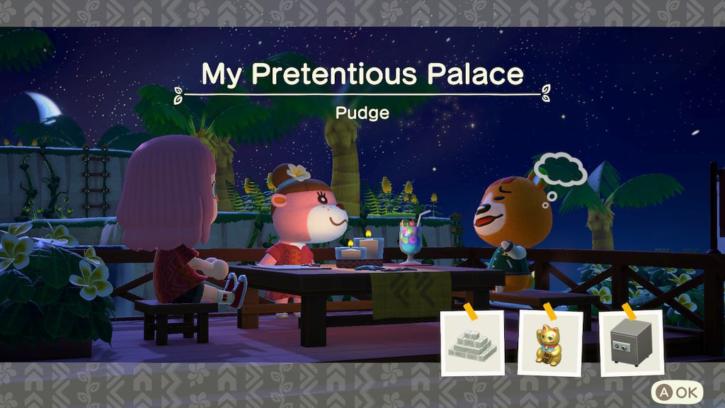 Na expansão de Animal Crossing, os villagers do resort sempre vão exigir que você utilize pelo menos dois objetos de decoração. O restante, é com você. (Imagem: Captura de Tela/Bruna Penilhas/Canaltech)