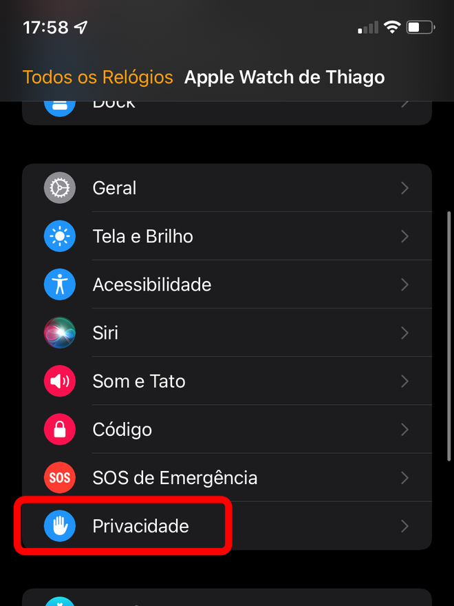 Acesse os ajustes de privacidade no app Watch - Captura de tela: Thiago Furquim (Canaltech)