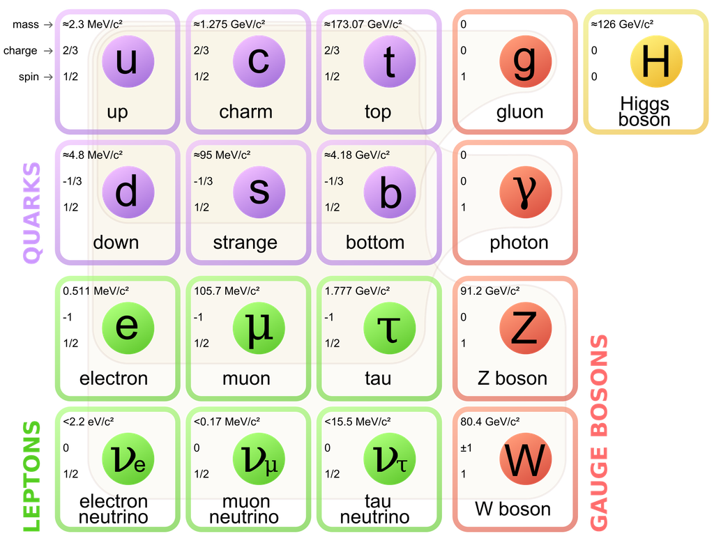 No modelo padrão, as partículas nas cores verde e roxo são férmions, enquanto as demais são bósons (Imagem: Reprodução/MissMJ/Wikimedia Commons)