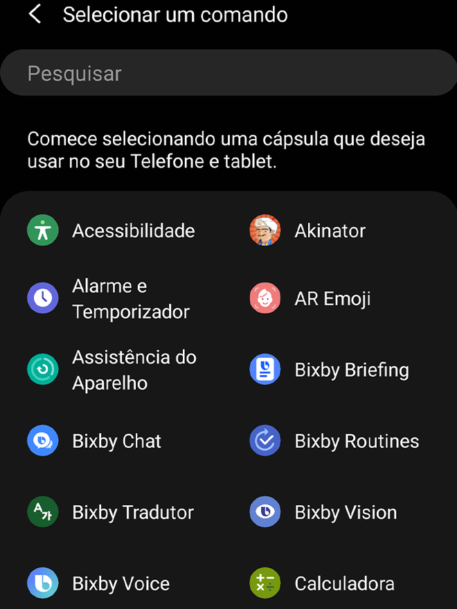 Cápsulas de comando são disponibilizadas para serviços da Samsung e alguns apps de terceiros (Imagem: André Magalhães/Captura de tela)