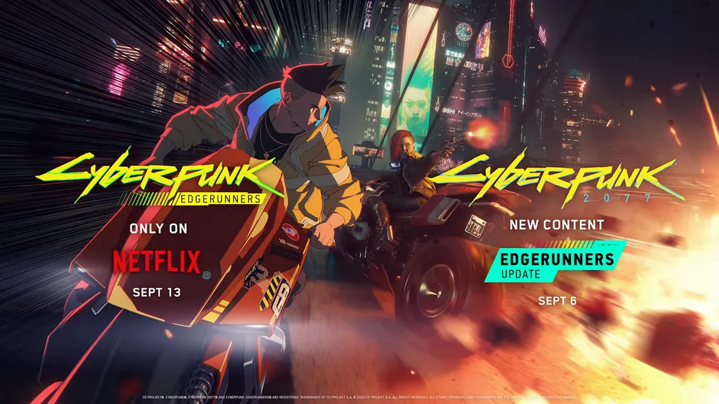 Edgerunners receberá atualização temática em Cyberpunk 2077. (Imagem: Reprodução/CD Projekt Red e Netflix)