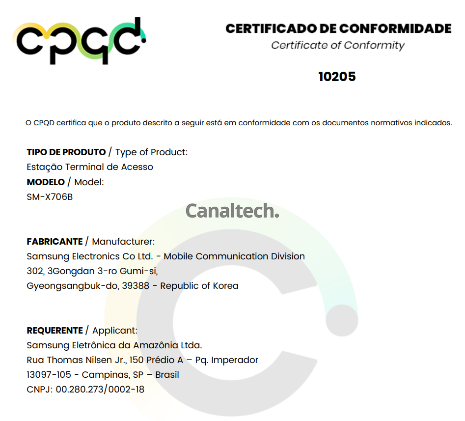 Certificado confirma preparação para início das vendas do Galaxy Tab S8 no Brasil (Imagem: Captura de tela/Canaltech)