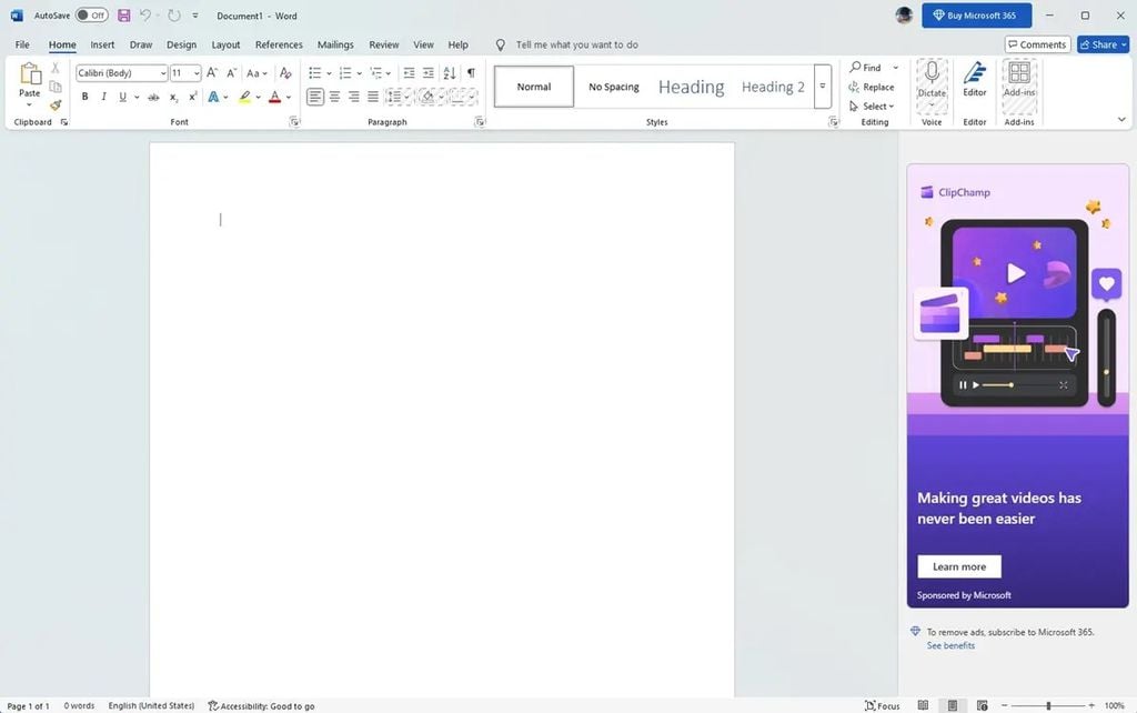 Captura de tela do Microsoft Word com anúncios