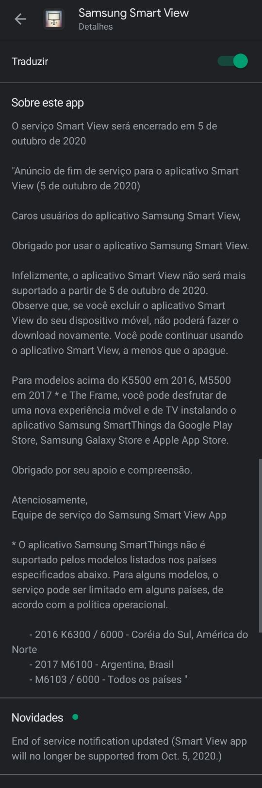 Samsung orienta a instalar o app SmartThings (Imagem: Reprodução/Google Play)