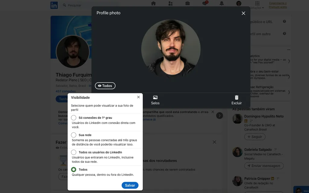 Ajuste a privacidade da sua foto do LinkedIn pelo computador (Imagem: Captura de tela/Thiago Furquim/Canaltech)