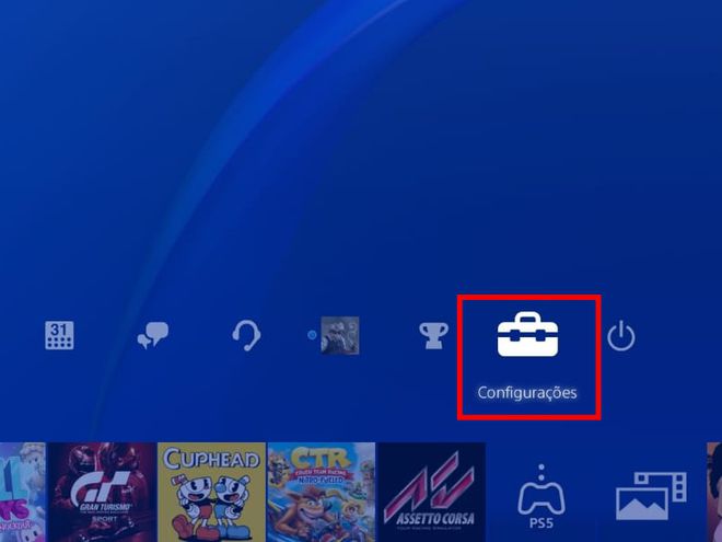 Na tela inicial do PlayStation 4, acesse o menu superior e clique em "Configurações" (Captura de tela: Matheus Bigogno)