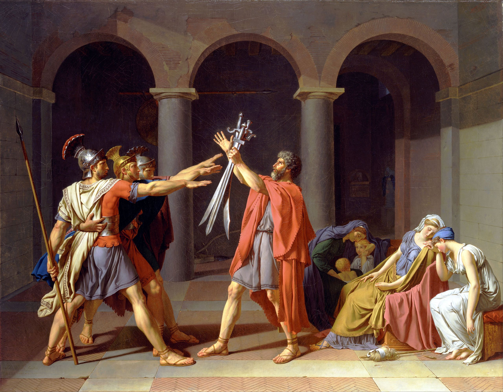 Acredita-se que a ideia de saudação romana com as mãos para cima tenha vindo da pintura de Jacques-Louis David, O Juramento dos Horácios (Imagem: Jacques-Loius David/Domínio Público)