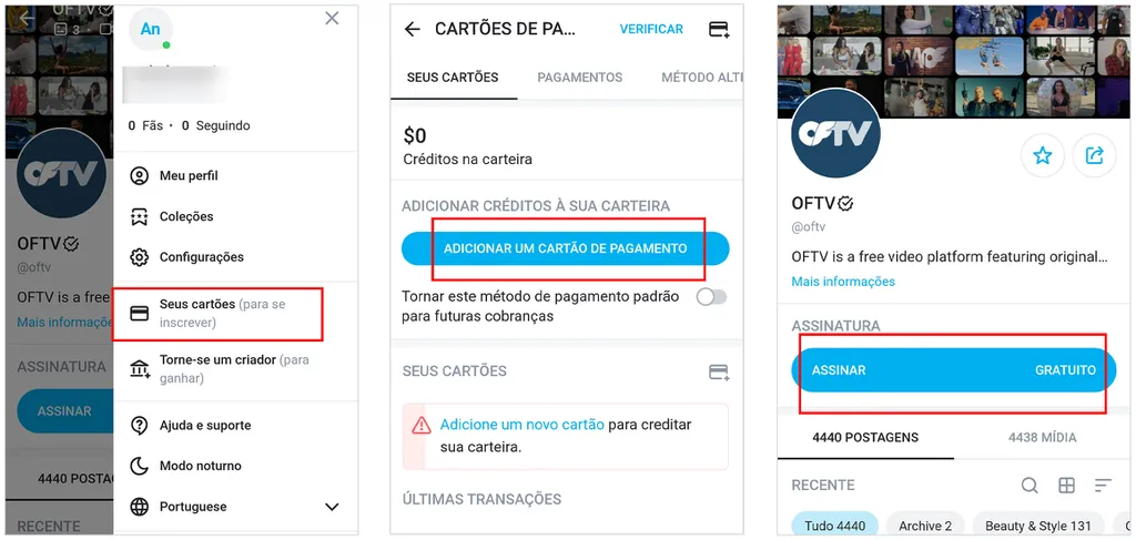 Inclua um cartão de crédito para poder assinar canais no OnlyFans (Imagem: Captura de tela/André Magalhães/Canaltech)