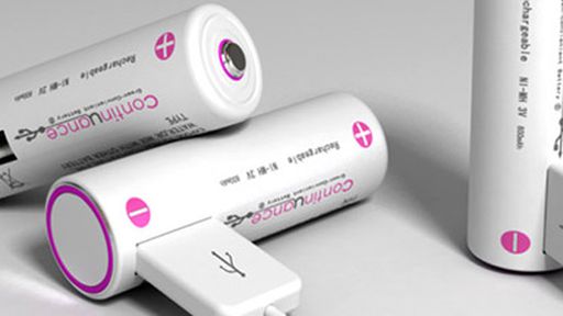 Conceito: pilhas AA recarregáveis utilizam cabos USB